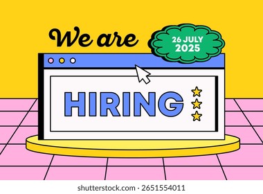 Cartoon style hiring announcement with a browser window interface, stars, and bold “hiring” text. Ideal for job vacancy promotions, career recruitment