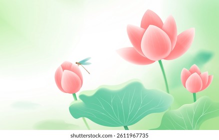 Cartoon style horizontal illustration of dragonflies standing on lotus flowers