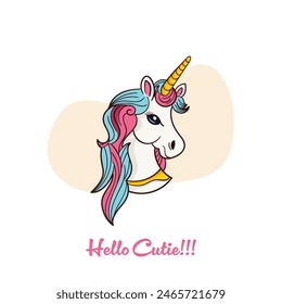 Cartoon style Horse illustration with hello cutie written. Animal nature wallpaper concept. Unicorn Horse isolated on plain background.