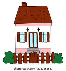 Cartoon style house with chimney, fence and bushes on foreground, flat doodle vector