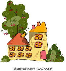 Casa estilo caricatura con jardín. Ilustración vectorial.
