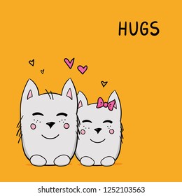 Cartoon style hugging cats. Cute hand drawn illustration. Great design element for sticker, t-shirt, cards or poster. 