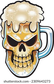 cartoon style human skull beer mug of foaming draft beer 