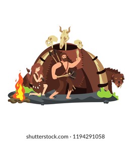 Cartoon Style Hunting Neolithic People And Saber-toothed Tiger. Vector Illustration