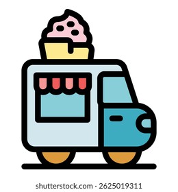 Cartoon style ice cream truck icon with a cone on top