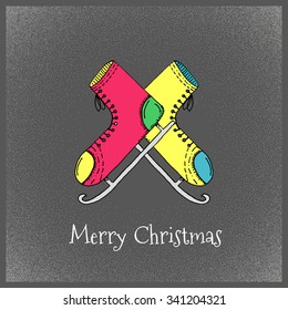 Cartoon Style Ice Skates Hand Drawn Greetings Card - Doodle Illustration on Dark Grey Stipple Background with Merry Christmas Sign - Christmas and Holiday Vector Graphic Resource