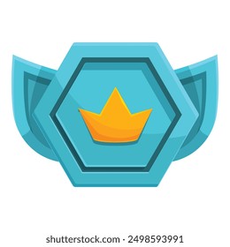 Cartoon style icon of a blue hexagon with wings awarding a golden crown for a first place winner