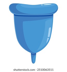 Cartoon style icon of a blue menstrual cup standing up, an eco friendly alternative to tampons and pads