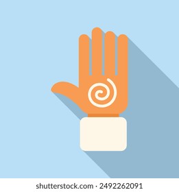 Cartoon style icon depicting a hand with a spiral on the palm, evoking concepts like hypnosis, suggestion, and influence