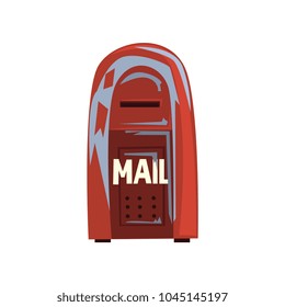 Cartoon style icon of old shabby mailbox. Red hanging metallic postbox. Sign for people communication concept. Flat vector design for web site or mobile app