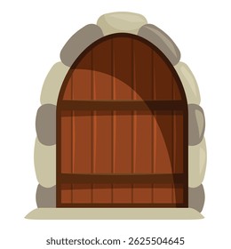 Cartoon style icon of an old wooden doorway with an arch made of stones, isolated on white