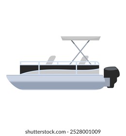 Ícone estilo desenho animado de um barco pontão com um guarda-sol, ideal para ilustrar atividades de lazer em lagos ou rios