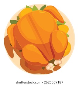 Cartoon style icon of a whole roasted chicken lying on a plate, garnished with orange slices and herbs, for thanksgiving or christmas dinner