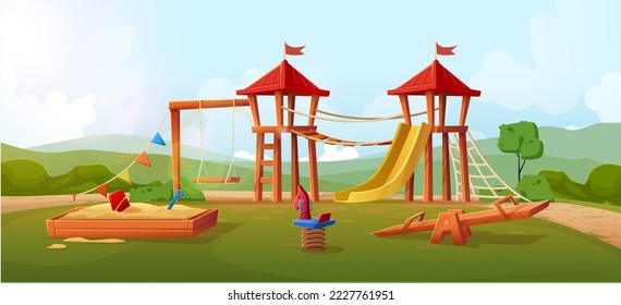 Cartoon style illustarion of kids outdoor playground with swings, slides and sand pit.