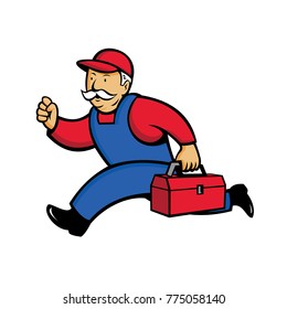 Cartoon style illustration of an aircon technician, Air Conditioning Service Technician, mechanic or repairman running with toolbox viewed from side on isolated background.