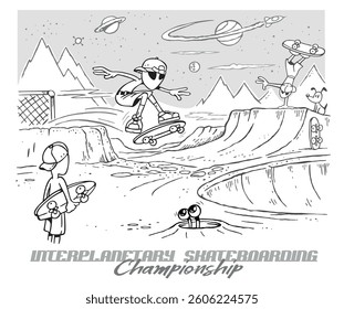 Cartoon style illustration of aliens skateboarding on another planet. Art with simple lines.