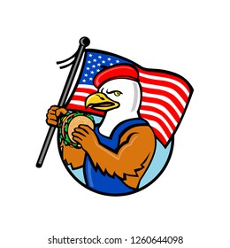 Cartoon style illustration of an American bald eagle holding a USA stars and stripes flag and hamburger or burger sandwich set inside circle on isolated background.