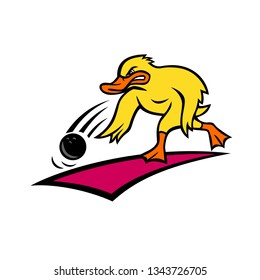 Cartoon style illustration of an angry bowler duck or mallard rolling a bowling ball down a wood or synthetic lane viewed from side on isolated background.
