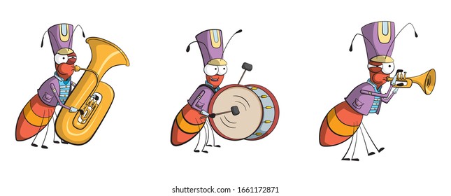 Cartoon style illustration of an ant marching band. Ants wearing uniforms playing musical instruments.