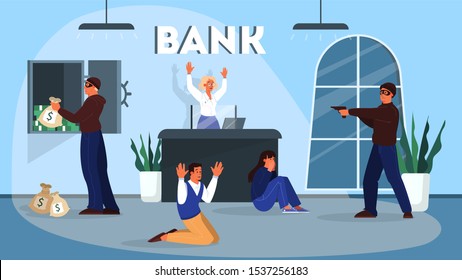 Cartoon Style Illustration Of Bank Robbery. Bandit In Mask Steal Money, Holding Gun And Attack Customer And Employee.