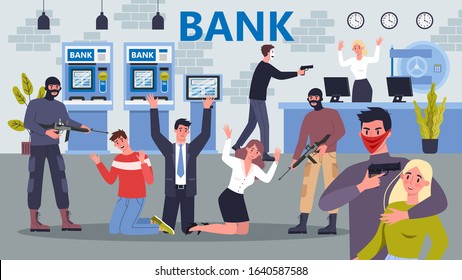 Cartoon Style Illustration Of Bank Robbery. Theft In Bank. Thief In Mask Steal Money, Holding Gun And Attack Customer And Employee.