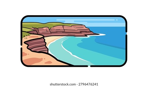 Cartoon style illustration of a beach