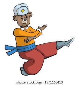 Cartoon style illustration of a bear character doing a Russian dance.