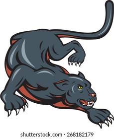Cartoon style illustration of black panther big cat crouching set on isolated white background. 