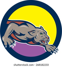 Cartoon style illustration of black panther big cat crouching set inside circle on isolated background. 