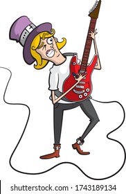 Cartoon style illustration of a blond man with a purple top hat playing lead guitar on a bright red electric guitar. He is wearing boots.