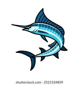 Cartoon style illustration of a blue marlin fish, with its iconic long beak and slender body. Suitable for use in fishing-related content, marine life themes, or as a mascot for a sports team