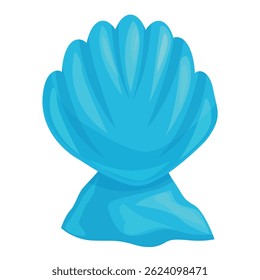 Cartoon style illustration of a blue scallop seashell standing upright