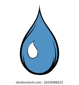 Cartoon style illustration of a blue water drop reflecting a smaller drop, evoking purity and freshness