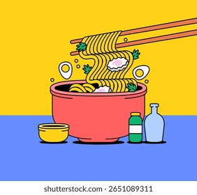 Ilustração em estilo de desenho animado de uma tigela de râmen com pauzinhos levantando macarrão, ovos e coberturas. Inclui garrafas e uma xícara para conteúdo de comida, cozinha asiática temas ícone emblema
