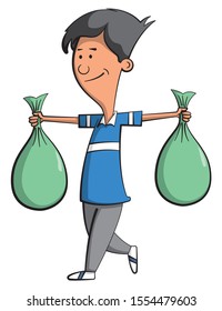 Cartoon Style Illustration Of A Boy Helping Out Around The House By Taking Out Two Green Bags Of Trash.