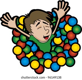 A Cartoon Style Illustration Of A Boy Jumping Out Of A Ball Pit.