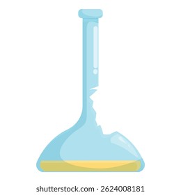 Cartoon style illustration of a broken laboratory flask containing a yellow liquid
