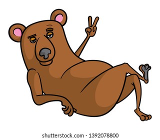 Cartoon style illustration of a brown bear character relaxing and giving the peace sign.