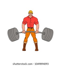 Cartoon style illustration of a buffed lumberjack, logger ,woodcutter, shanty boy, woodhick or timber cutter lifting a heavy weights barbell viewed from front wearing hard hat on isolated background.