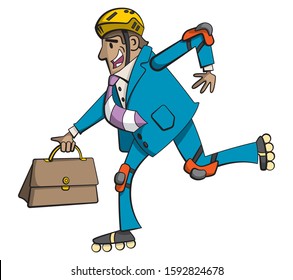 Cartoon style illustration of a business man wearing a suit and protective gear while rollerblading. He is carrying a briefcase.