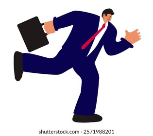 Cartoon style illustration of a businessman in a business suit running and hurrying. Business, finance, professional activity. Vector illustration