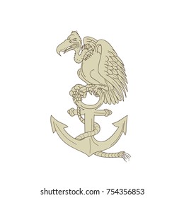 Cartoon style illustration of a buzzard or turkey vulture perching Navy anchor with rope on isolated background.