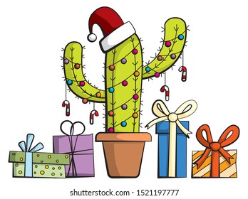 Cartoon style illustration of a cactus in a pot decorated like a Christmas tree with a Santa hat on top. Presents and gifts are standing underneath.