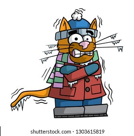 Cartoon style illustration of a cat dressed in winter clothing, shivering from cold weather.