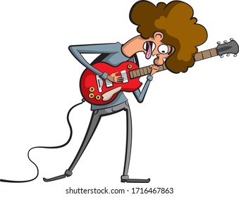 Cartoon style illustration of a caucasian guy making music on a red electric guitar. A guitarist with curly hair. 