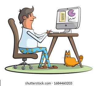 Cartoon Style Illustration Of A Caucasian Man Wearing His Pyjamas While Working On A Computer At His Home. His Ginger Pet Cat Is Not Impressed.