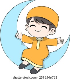 A cartoon style illustration of a cheerful Muslim boy wearing a traditional orange outfit and cap while sitting on a glowing blue crescent moon with open arms and a happy expression