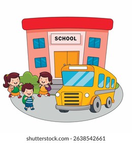 cartoon style illustration of children near school and school bus