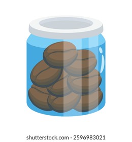 A cartoon style illustration of a clear glass jar filled with roasted coffee beans