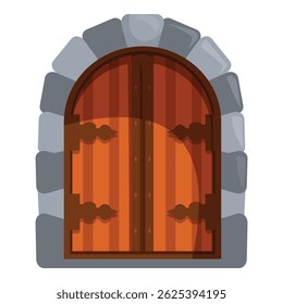 Cartoon style illustration of a closed wooden door with metal hinges and rivets, set in a stone archway